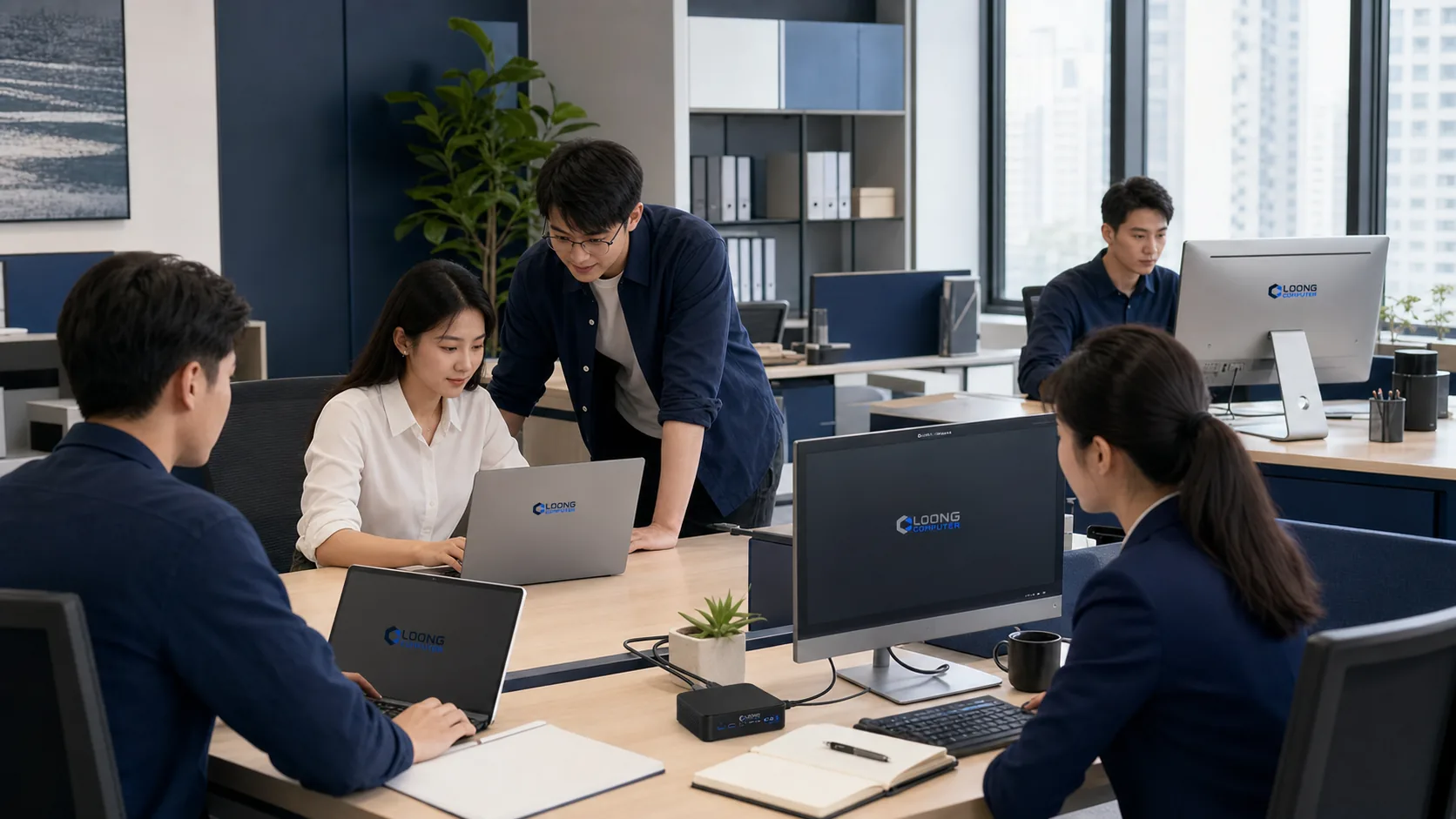Chinese business team using LOONG laptops mini PCs and all-in-one computers in an office