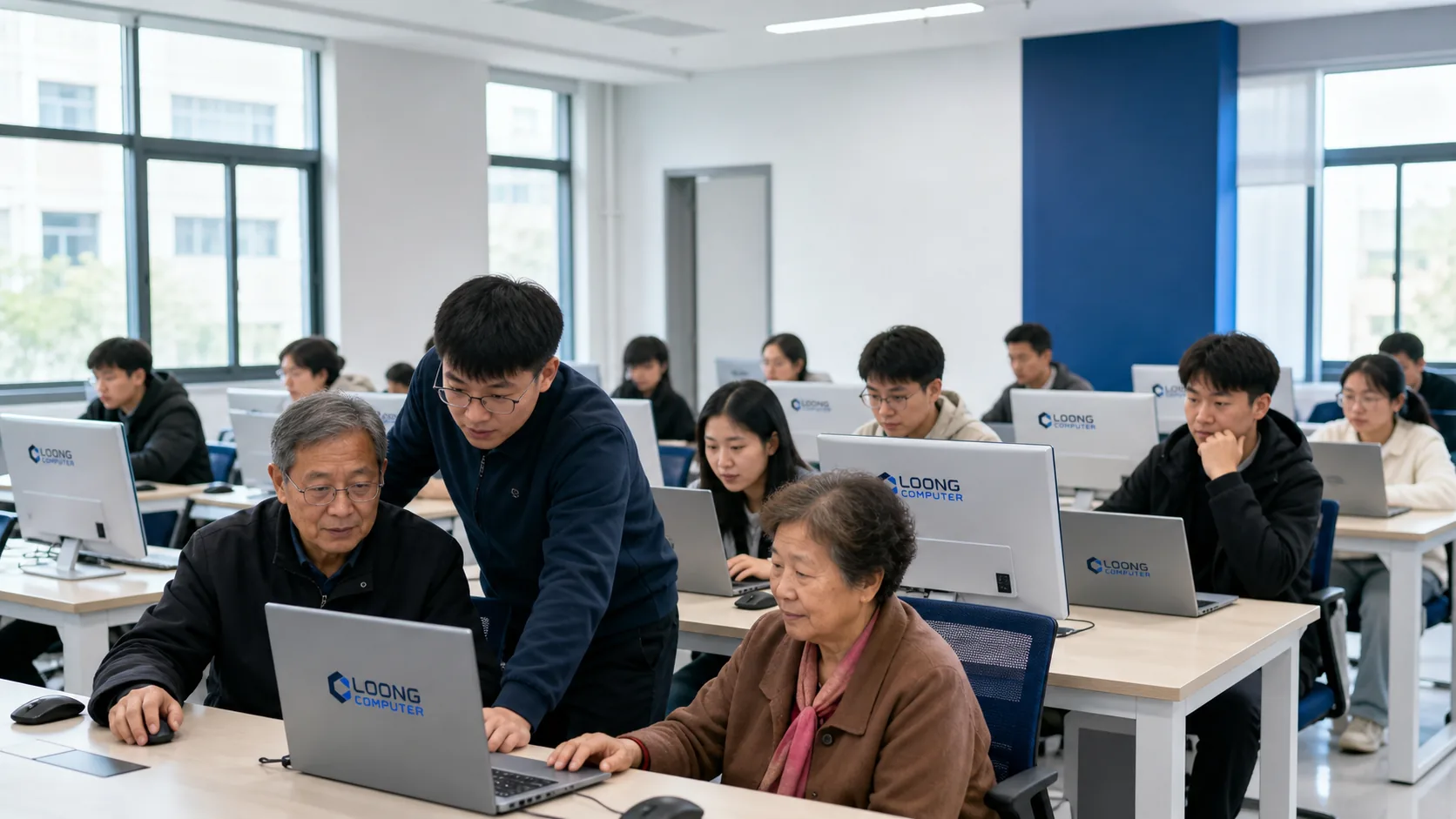 Chinese learners using LOONG computers in an education and public training center