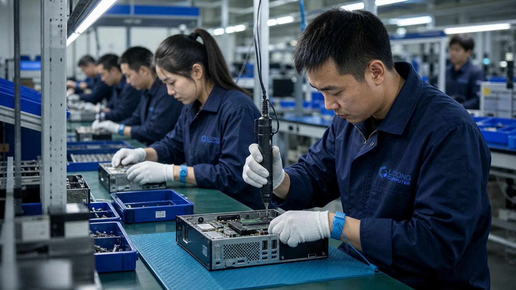 Chinese LOONG COMPUTER technicians assembling compact computer systems on an ESD-safe line