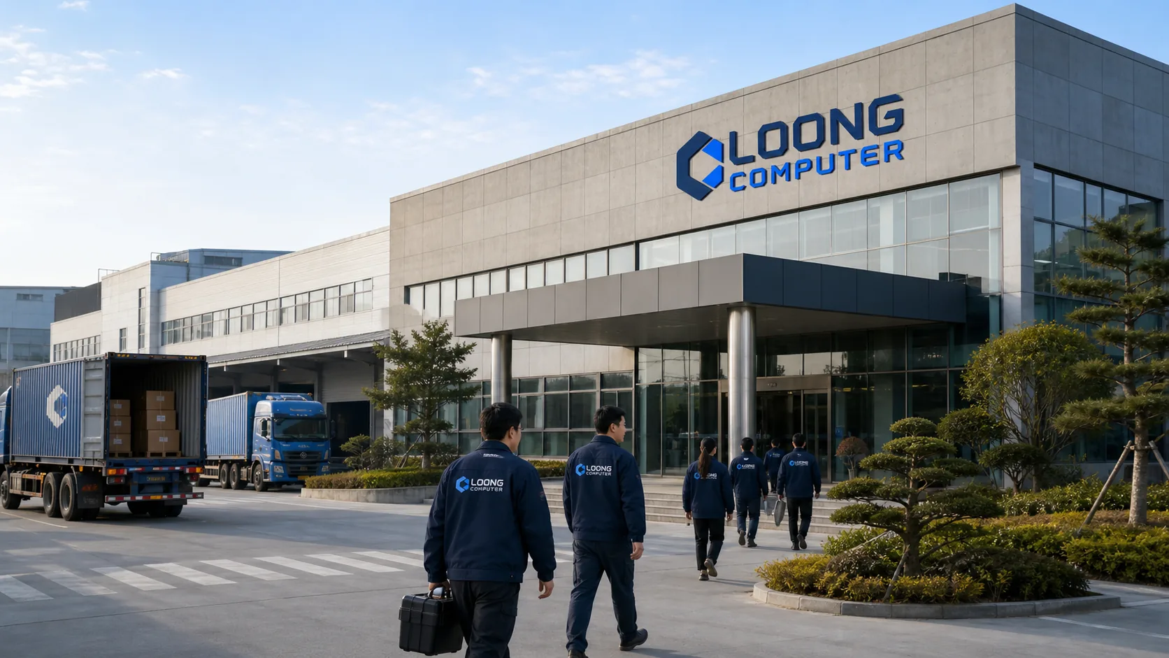 LOONG COMPUTER manufacturing campus in China with branded staff and export logistics