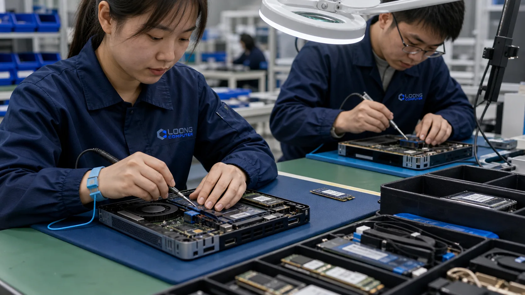 LOONG COMPUTER technicians integrating memory storage and cooling components
