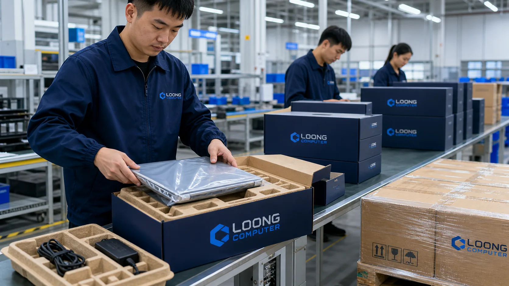 LOONG COMPUTER branded laptops and cartons prepared for export at a Chinese factory