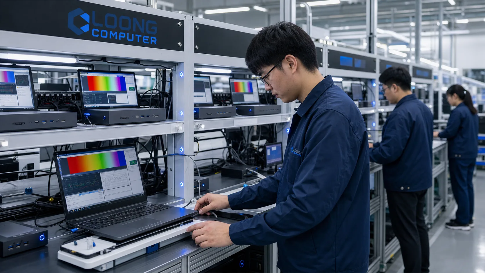 LOONG COMPUTER technician performing laptop and mini PC functional testing