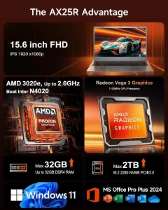 15.6 英寸 笔记本电脑 AMD 3020e 8GB DDR4 256GB SSD 1080P FHD IPS 显示屏 学生用