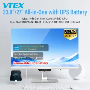 23.8/27 Inch All-in-One PC with Removable UPS Battery Pack Light Up Logo AI Face Unlock Desktop Computer with UPS Battery Inside