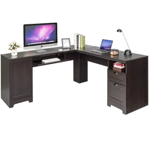 66″ L Shaped Computer Workstation Desk with Drawers and Storage Shelf