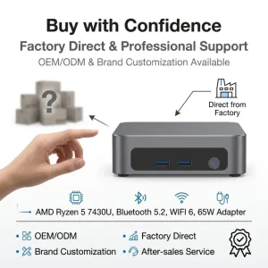 AI Mini PC AMD Ryzen 5 7430U Processor 6 Core Wi Fi 6 Dual SO DIMM DDR4 Workstation Compact Mini PC