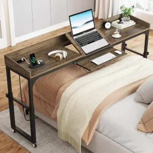 Ergonomic Adjustable Overbed Table with Charging Mobile Bedside Desk with 2 Drawers AC Outlet USB Ports on Wheels for Bedroom