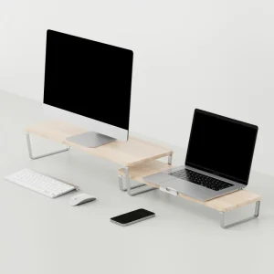 Extendable Wood Monitor Stand Riser 2 Shelves Dual Triple Computer Screen Compatible Personal Laptop