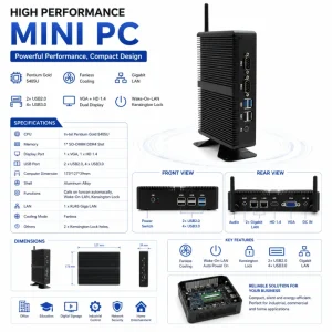 Industrial Fanless Mini PC Barebone Computer with Intel Penum Gold 5405U 6 USB VGA+HD Dual Cores Windows11 Linux DDR4 SSD