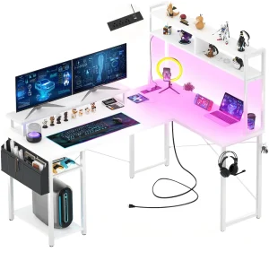Modern L Shaped Gaming Desk with Wooden Tabletop Bookshelf Computer Desk Monitor Stand Home Office Storage Table