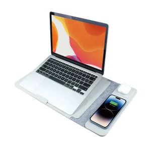 Modern PU 4 in 1 Laptop Sleeve with Integrated Magnetic Fast Charging Wireless Charger and Laptop Stand for Phone and Earbuds