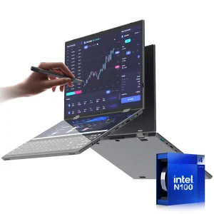 N100 Business Laptop 14+14 Inch Dual Screen Ultra-Thin Portable Office Gaming Computer UK Plug