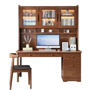 Solid Wood All-in-One Desk Computer Bookshelf Bookcase Children’s Study Desk Chair Bedroom Student Writing Household Model