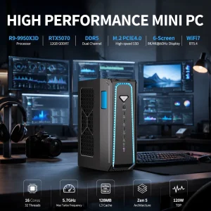 Water Cooling Mini PC AMD Ryzen R7 9800X3D R9 9900X 9950X3D RTX 5070 12G DDR5 NVMe Win11 Pro Gaming Desktop Computer